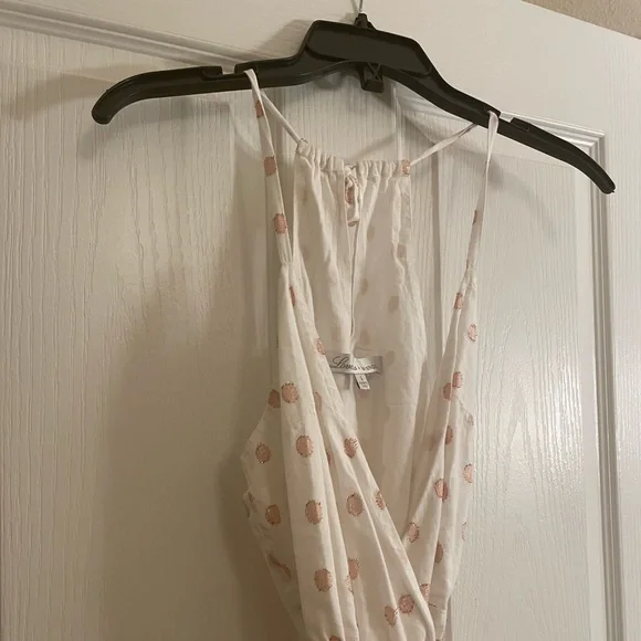 LOVERS + FRIENDS Gigi Polka Dot Print Flounce Wrap Dress in White and Pink - Picture 4 of 13